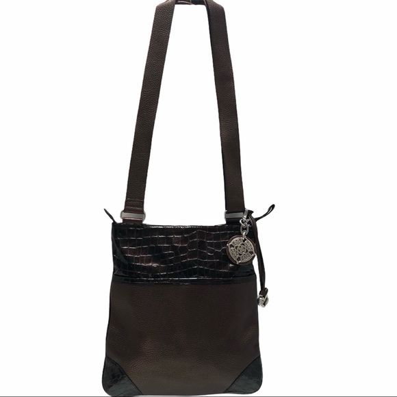 Brighton Faux Crocodile Pebbled Leather Brown Bag - Picture 3 of 11